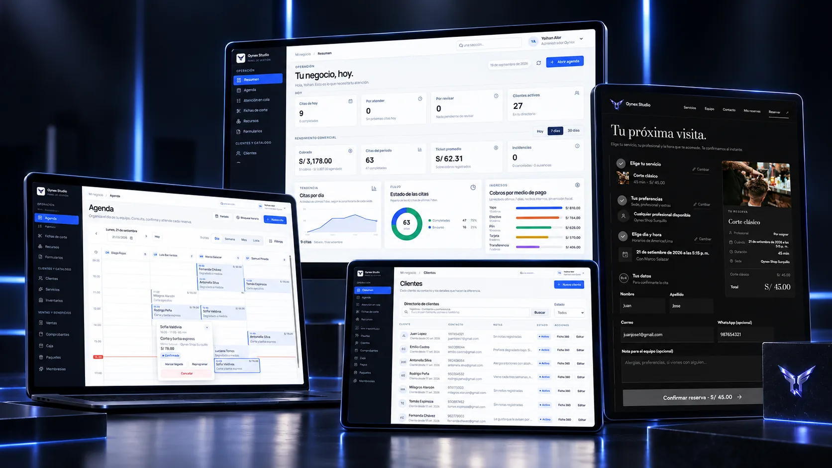 Qynex Studio en pantallas de agenda, resumen del negocio, clientes y reserva online